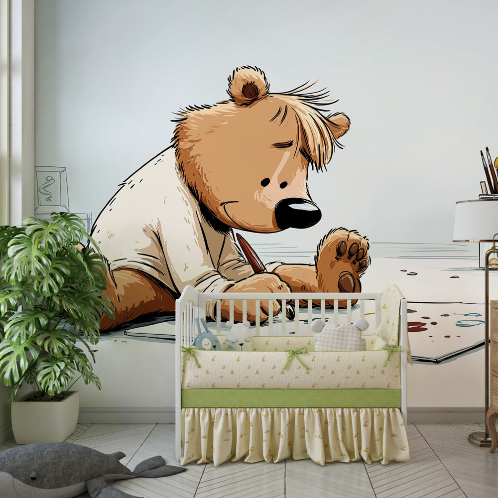 Bear artist wallpaper in colorful kids playroom encouraging creativity and imagination