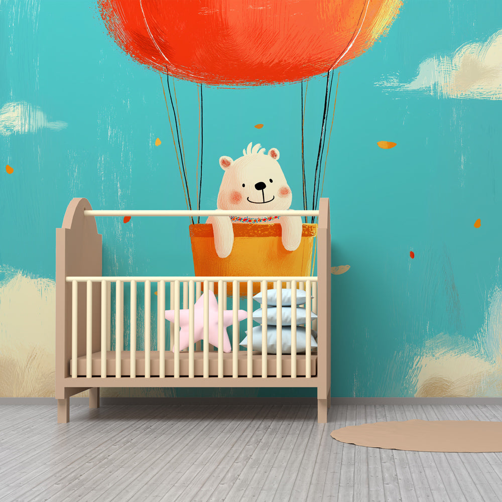 Hot air balloon bear mural wallpaper transforming baby bedroom into magical sky adventure