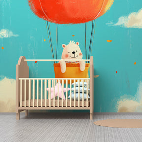 Hot air balloon bear mural wallpaper transforming baby bedroom into magical sky adventure