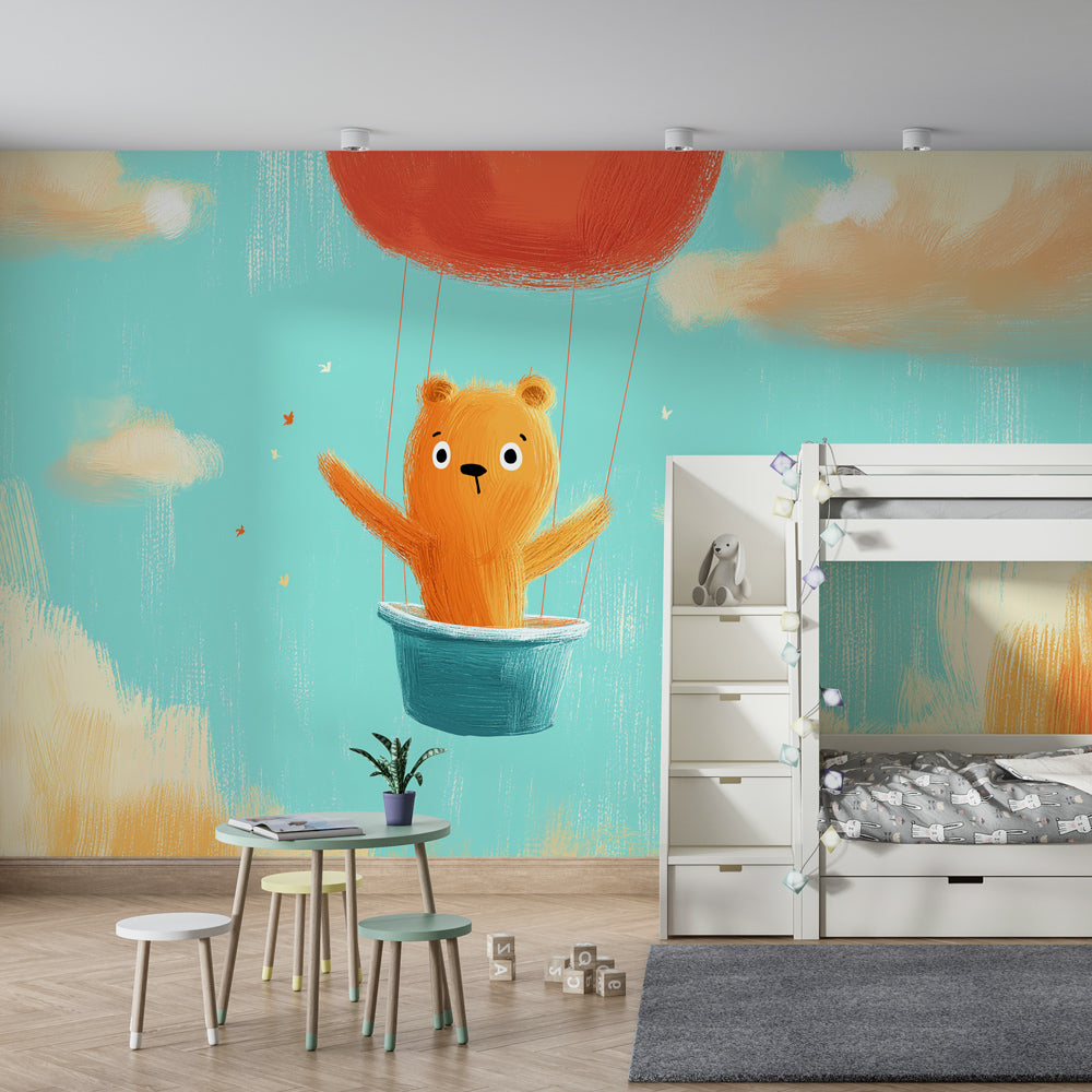 Gentle bear balloon wallpaper creating peaceful nursery atmosphere above wooden crib