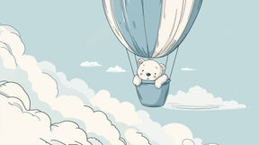 Detailed bear hot air balloon mural wallpaper design pattern with blue sky and clouds by Kids-Mundo