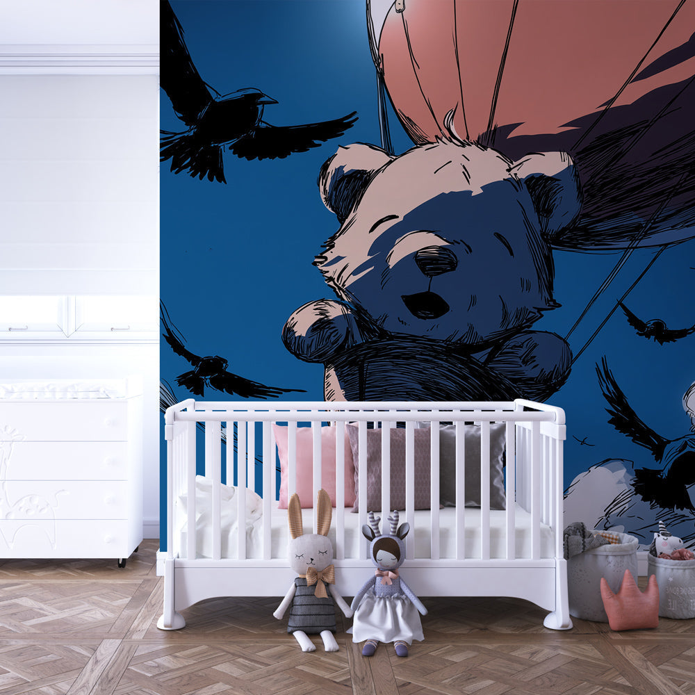 Hot air balloon wallpaper creating dreamy atmosphere in children's bedroom with blue sky theme