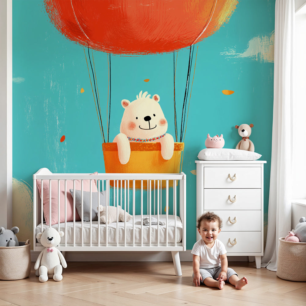 Bear hot air balloon mural wallpaper in modern baby nursery with crib by Kids-Mundo