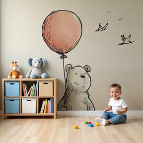 Bear balloon mural wallpaper in soft beige nursery with wooden crib by Kids-Mundo