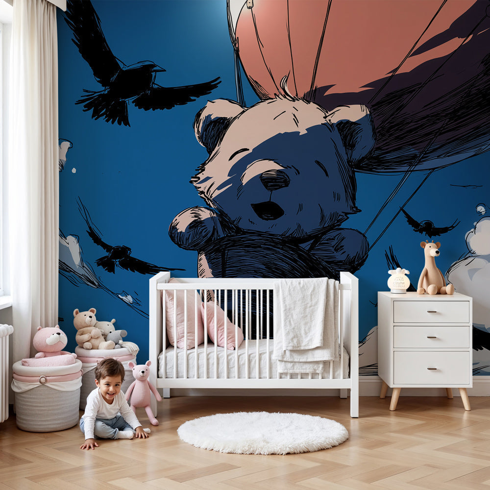 Bear balloon mural wallpaper in bright nursery with teddy bear floating in hot air balloon by Kids-Mundo