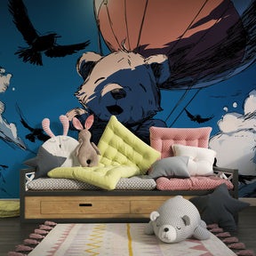 Adventure themed bear balloon wallpaper transforming playroom into magical sky setting