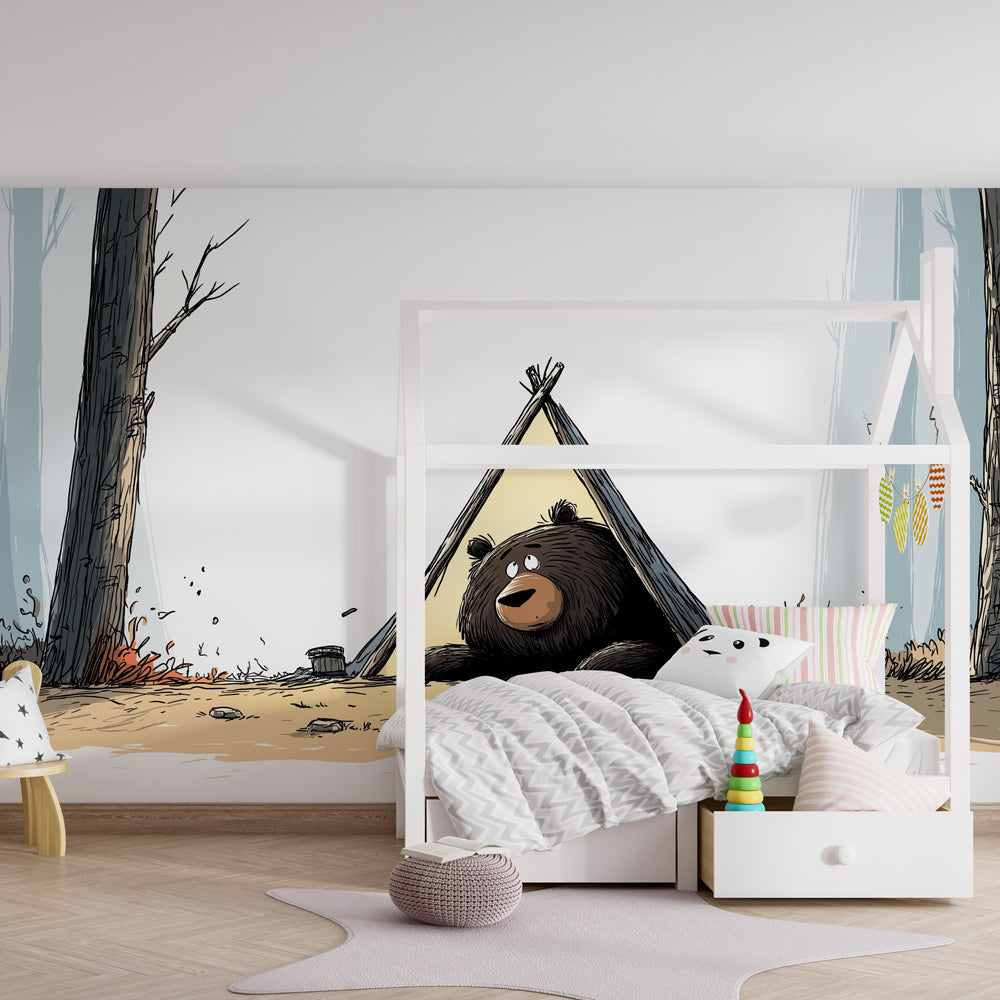 Curious bear under tent wallpaper creating woodland adventure theme in kids bedroom