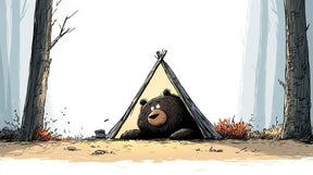 Detailed bear camping mural wallpaper design pattern showing curious bear under tent by Kids-Mundo