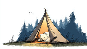 Detailed bear camping mural wallpaper design pattern showing sleeping teddy in forest tent by Kids-Mundo