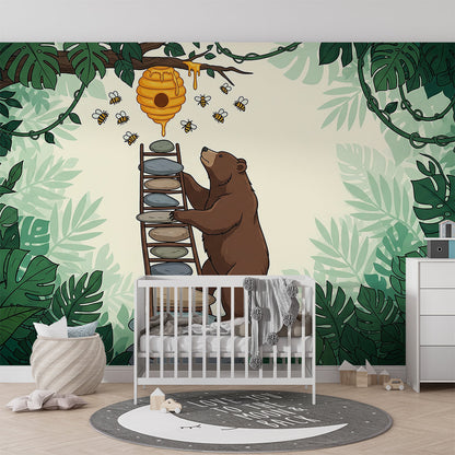 Kids-Mundo bear and beehive wall mural set above a reading nook in a playroom