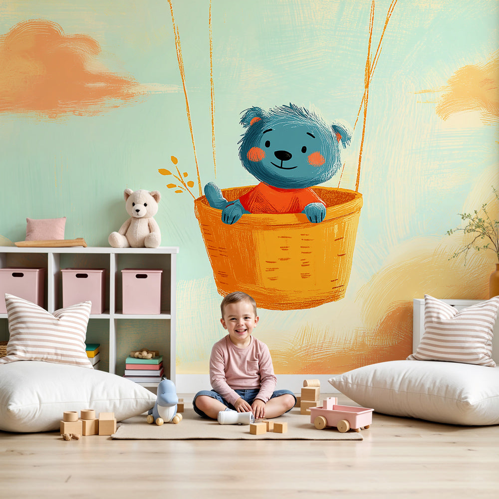 Bear cloud mural wallpaper creating dreamy sky atmosphere in modern nursery by Kids-Mundo