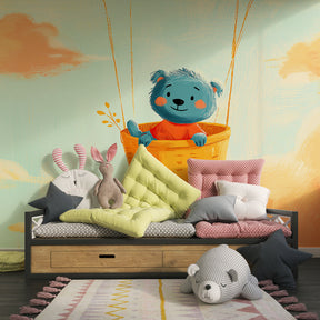 Floating teddy bear cloud wallpaper transforming toddler bedroom into magical sky adventure