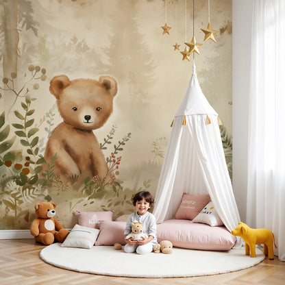 Kids-Mundo woodland bear cub wall mural behind a cot in a calm, natural nursery.