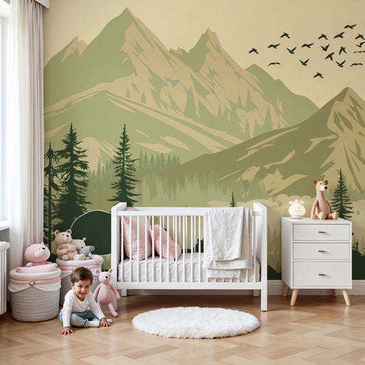 Kids-Mundo bear and cub forest wall mural styled in a calm woodland nursery.
