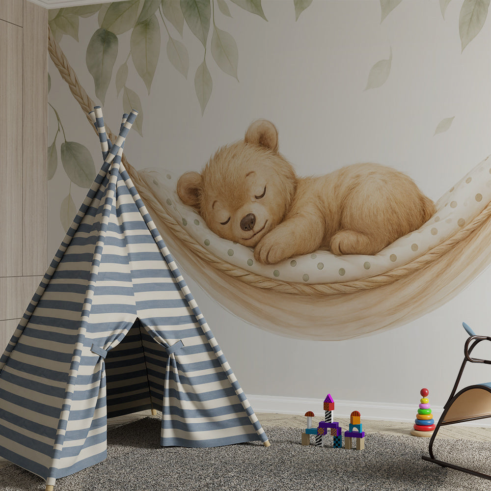 Kids-Mundo bear cub wall mural with a woven hammock covering a wall in a cosy kids bedroom