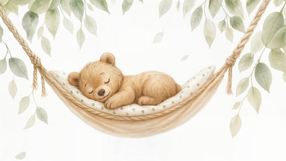 Flat artwork of the Kids-Mundo sleeping bear cub wall mural resting in a hammock under leaves