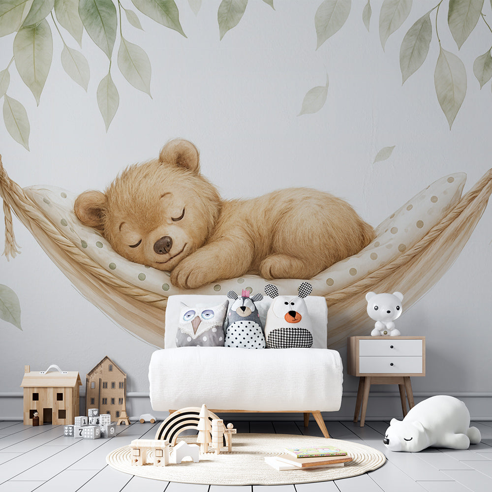 Kids-Mundo sleeping bear cub mural bringing a restful mood to a soft playroom wall