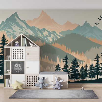Kids-Mundo mountain forest wall mural with a bear and cub in a kids' bedroom