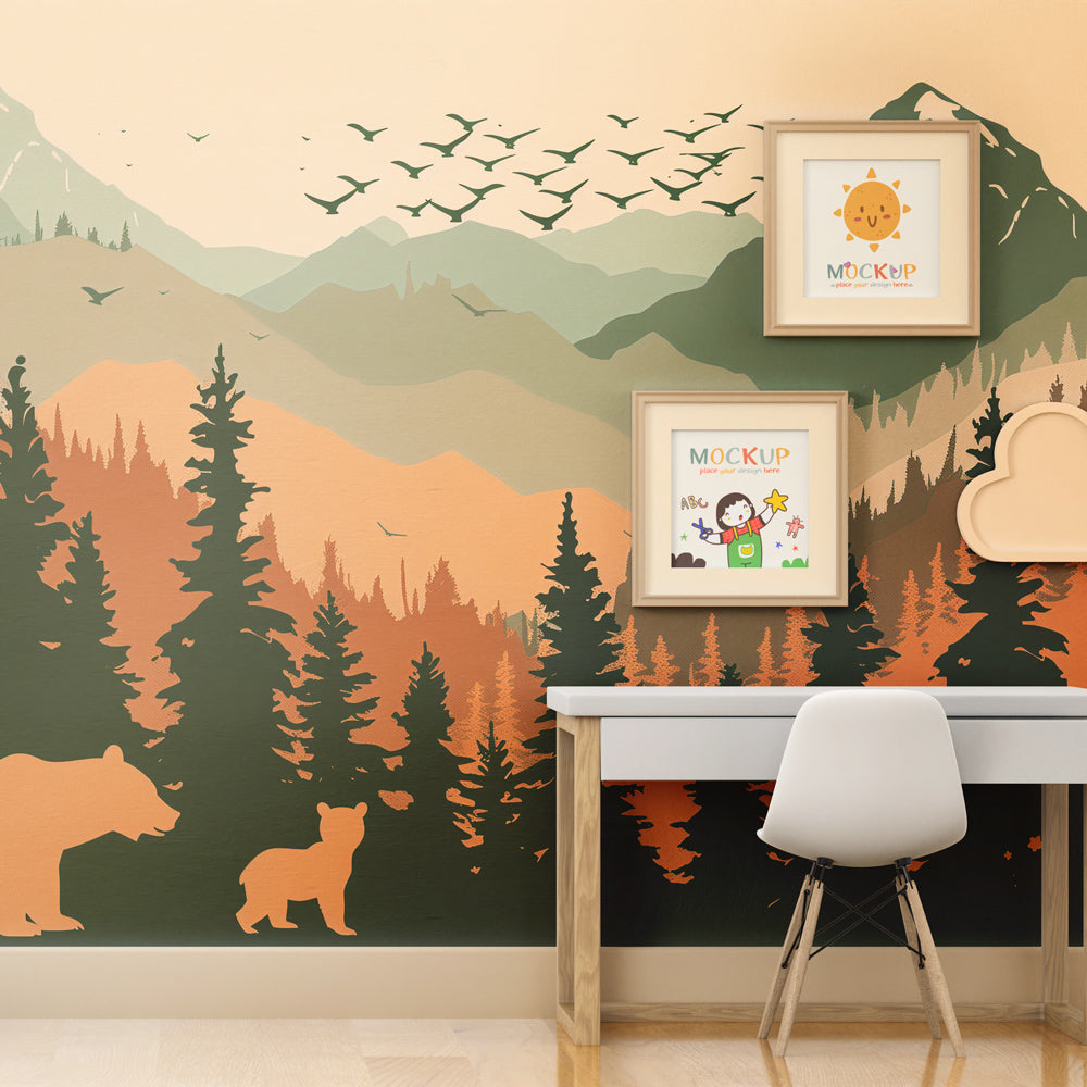 Bear cub mountain wall mural by Kids-Mundo covering a feature wall in a kids bedroom.
