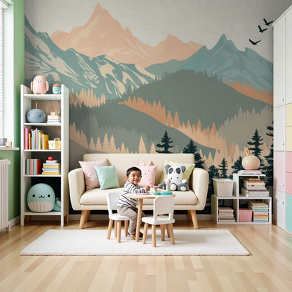 Kids-Mundo bear and cub forest wall mural behind a cot in a woodland nursery