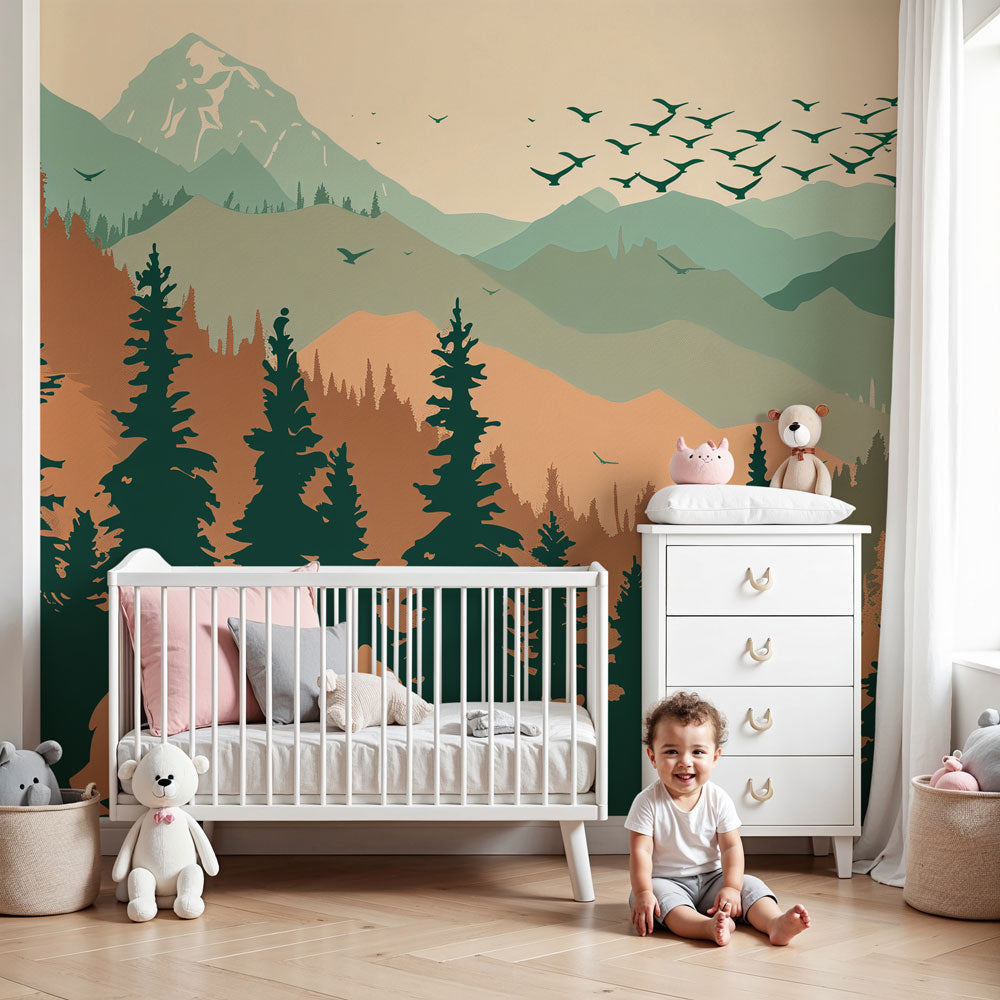 Kids-Mundo bear and mountain forest wall mural styled softly in a calm children's nursery.