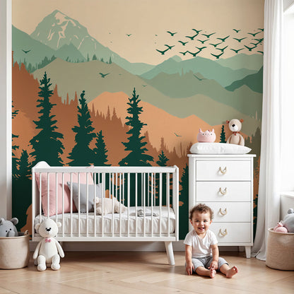 Kids-Mundo bear and mountain forest wall mural styled softly in a calm children's nursery.