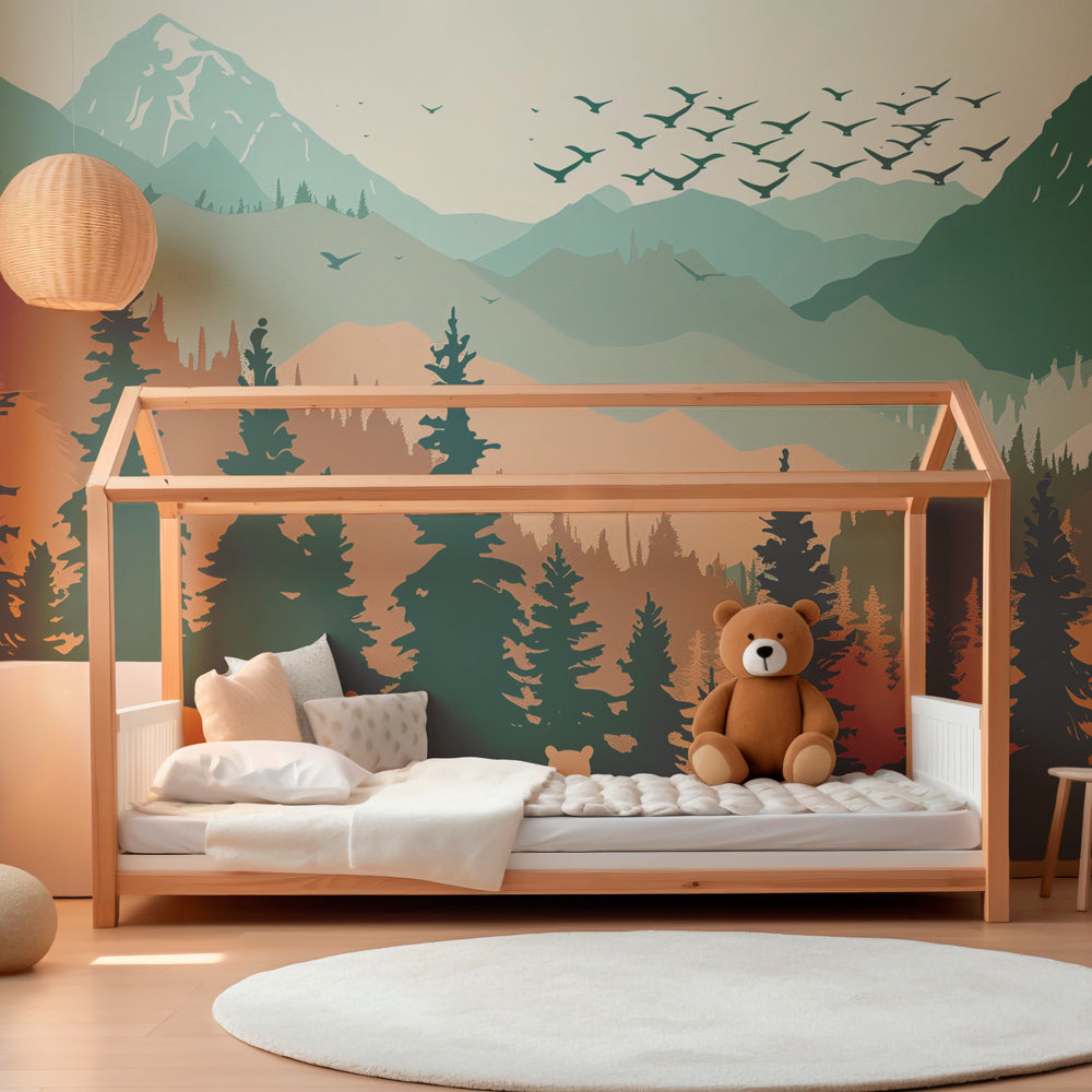 Kids-Mundo mountain forest wall mural bringing adventure to a children's playroom wall.