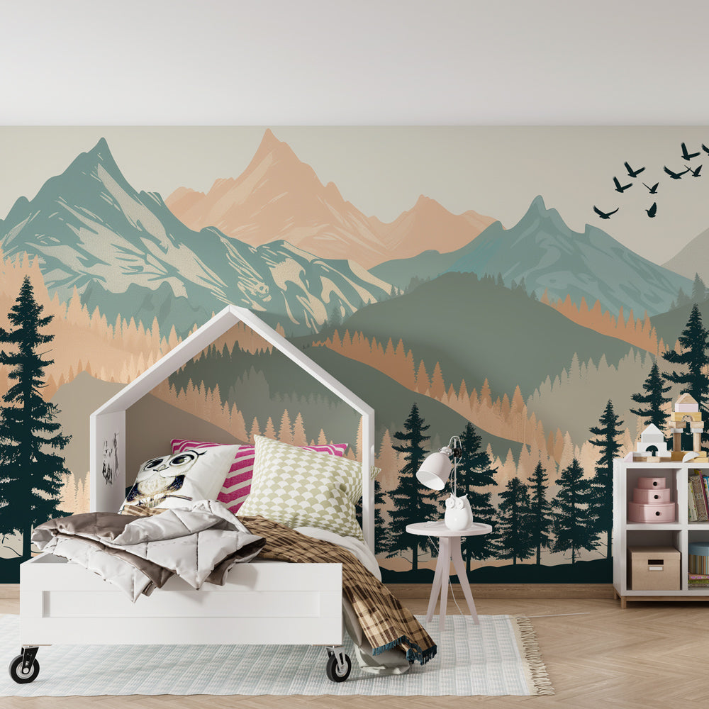Kids-Mundo bear and forest wall mural bringing adventure to a playroom wall