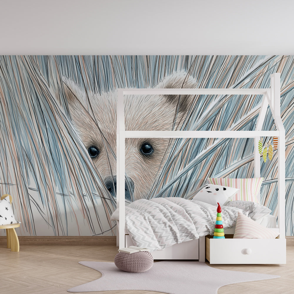 Hidden bear cub wallpaper in soft beige tones decorating modern baby bedroom interior