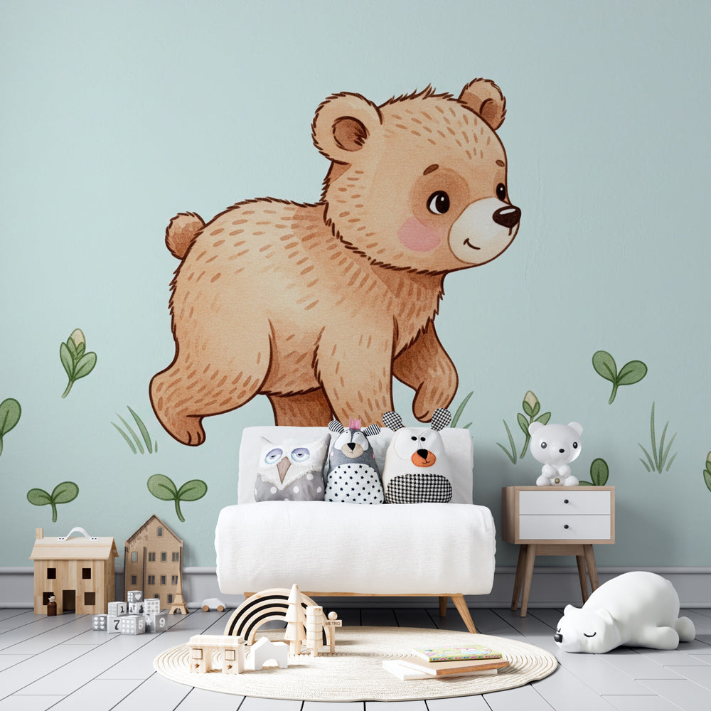 Gentle bear cub wallpaper transforming baby bedroom into nature sanctuary by Kids-Mundo
