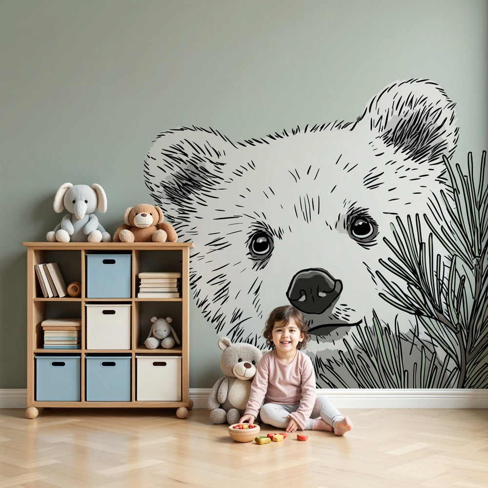 Bear cub mural wallpaper in cozy forest-themed nursery with wooden furniture by Kids-Mundo