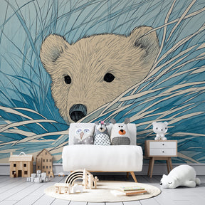Woodland bear mural wallpaper with natural blue tones for children's room by Kids-Mundo