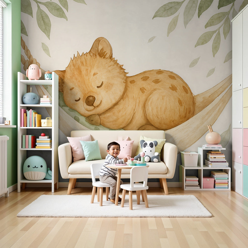 Bear cub mural wallpaper with sleeping teddy in hammock decorating cozy nursery by Kids-Mundo