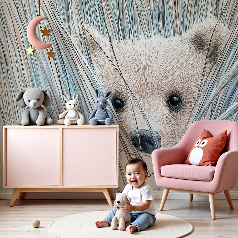 Bear cub mural wallpaper creating peaceful nursery decor with natural woodland theme by Kids-Mundo