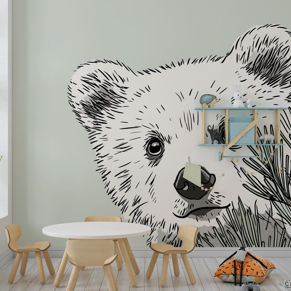 Forest bear cub mural wallpaper transforming kids playroom into woodland sanctuary by Kids-Mundo