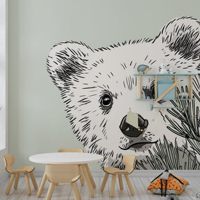 Forest bear cub mural wallpaper transforming kids playroom into woodland sanctuary by Kids-Mundo