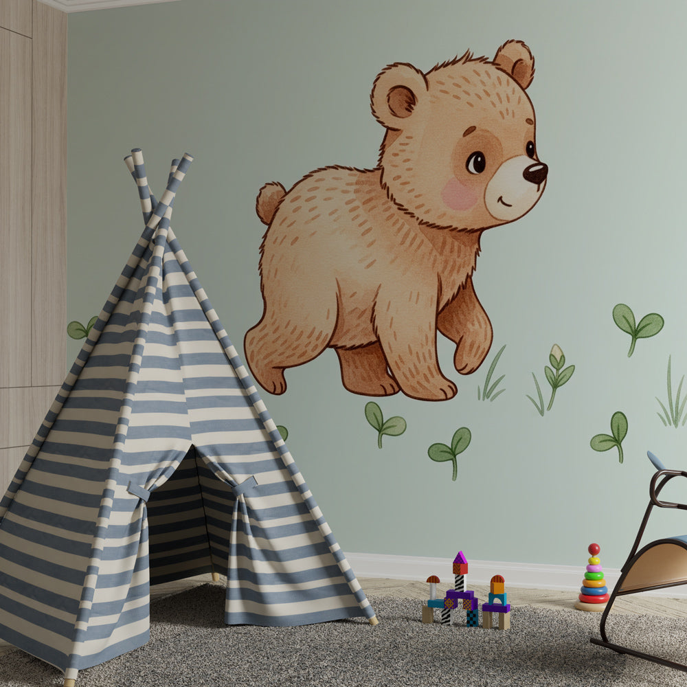 Woodland bear mural wallpaper creating peaceful nursery atmosphere with natural decor