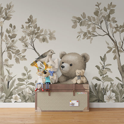 Kids-Mundo woodland bear and bird wall mural installed in a calm kids bedroom