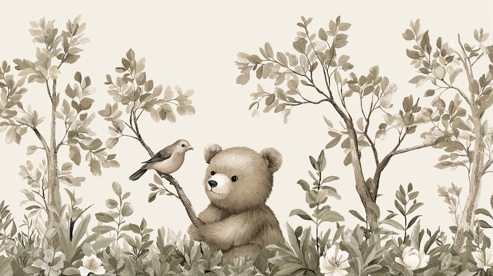 Bear Cub and Bird in a Sepia Woodland Wall Mural