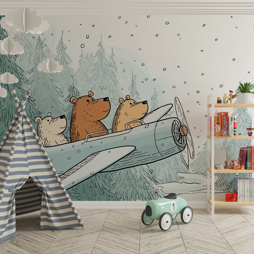 Kids-Mundo bear cubs in a snowy plane wall mural brightening a children's playroom