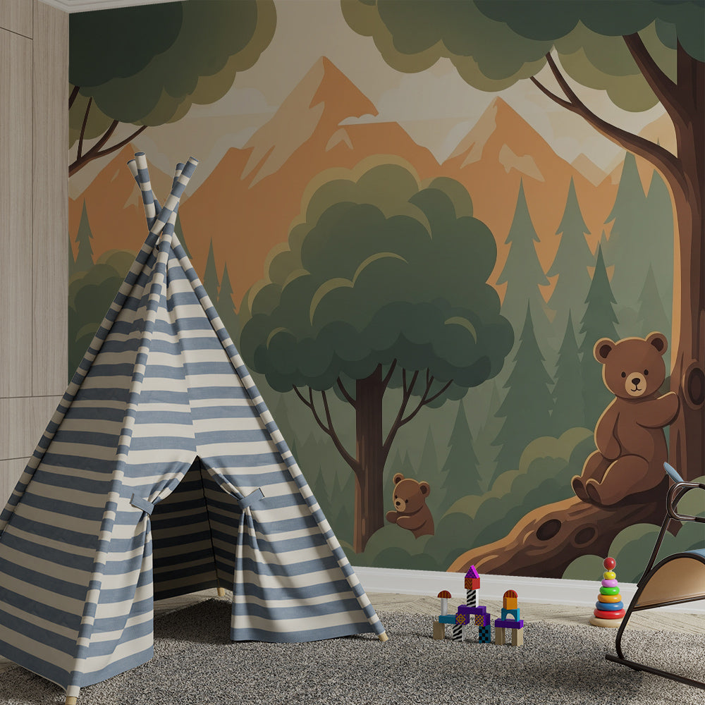 Kids-Mundo bear cubs wall mural covering a wall in an adventure-themed kids bedroom
