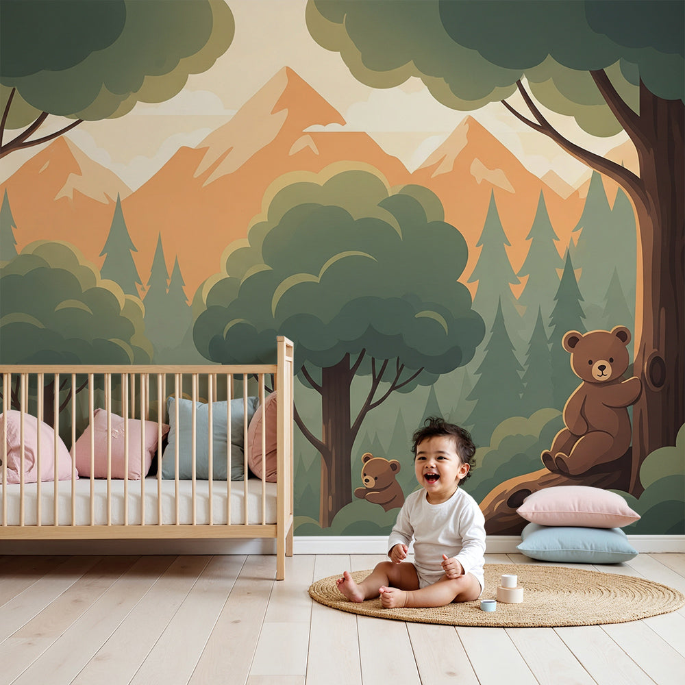 Kids-Mundo bear cubs mountain forest wall mural made to measure on a woodland nursery feature wall