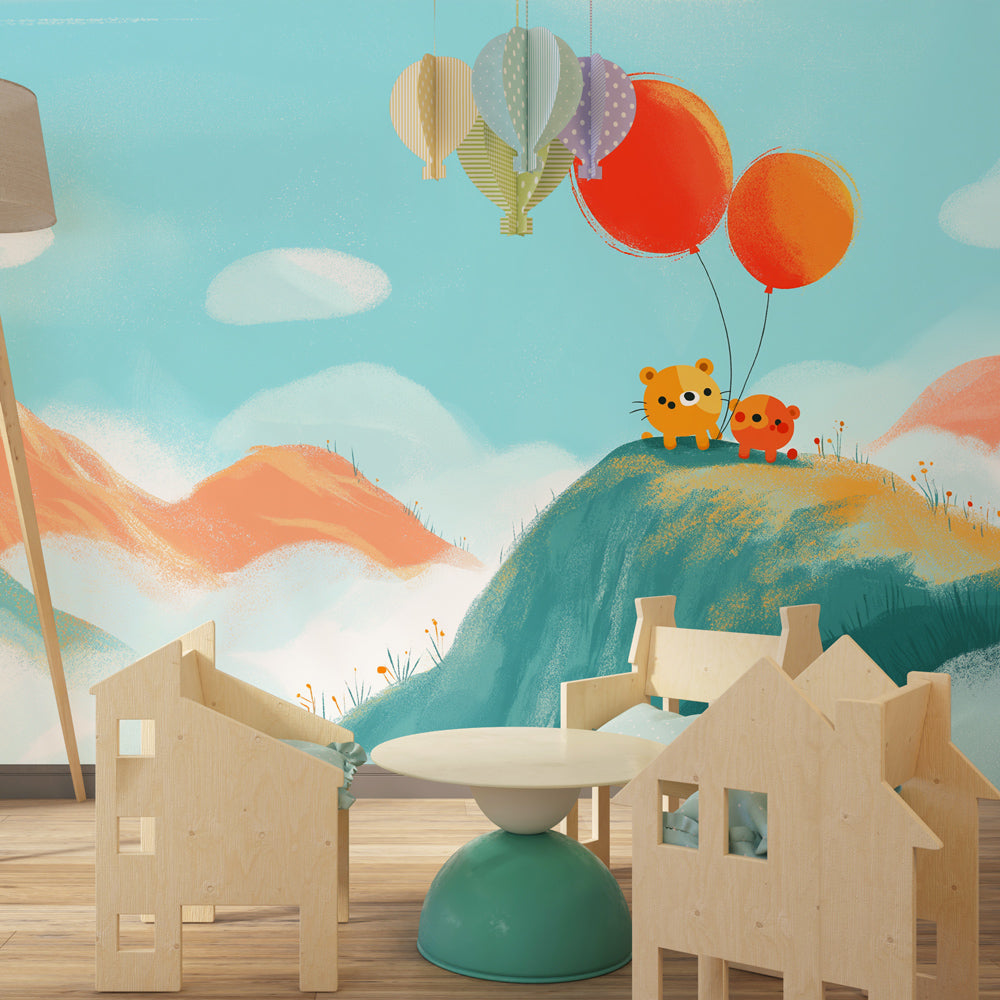 Mountain adventure bear wallpaper creating cozy children's bedroom atmosphere