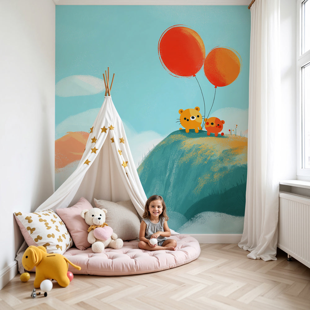 Bear cubs with balloons mural wallpaper in modern nursery setting by Kids-Mundo