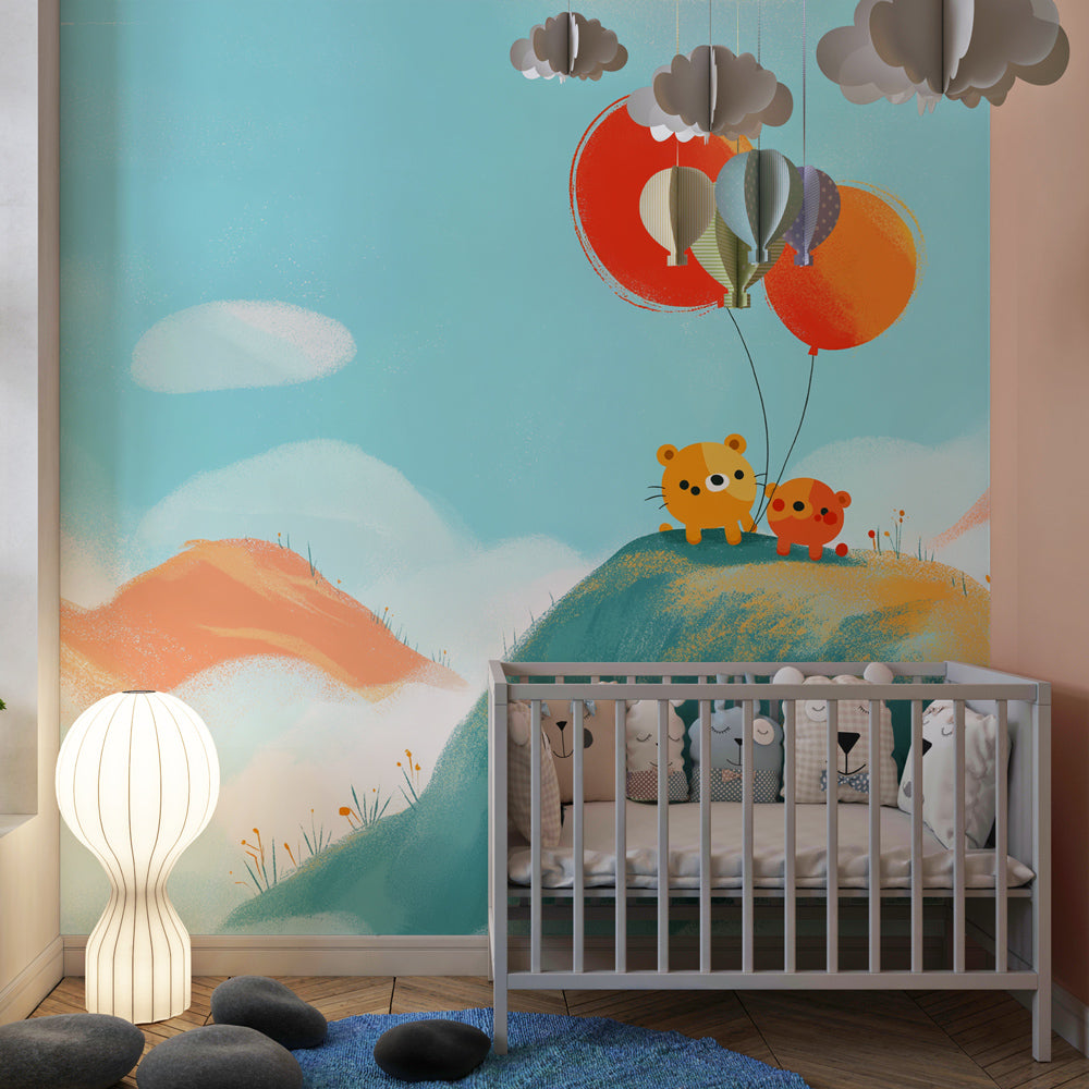 Colorful balloon bears mural wallpaper transforming kids playroom space
