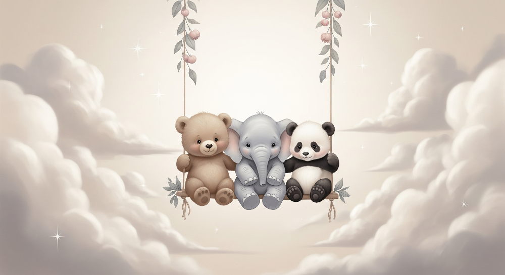 Bear, Elephant and Panda Cloud Swing Wall Mural