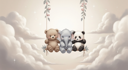 Kids-Mundo flat artwork of the bear, elephant and panda cloud swing wall mural