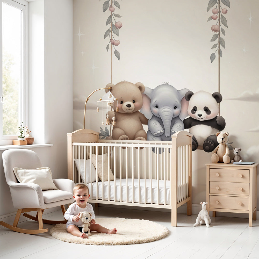 Kids-Mundo bear, elephant and panda cloud swing wall mural in a soft baby nursery