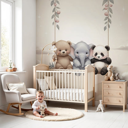 Kids-Mundo bear, elephant and panda cloud swing wall mural in a soft baby nursery