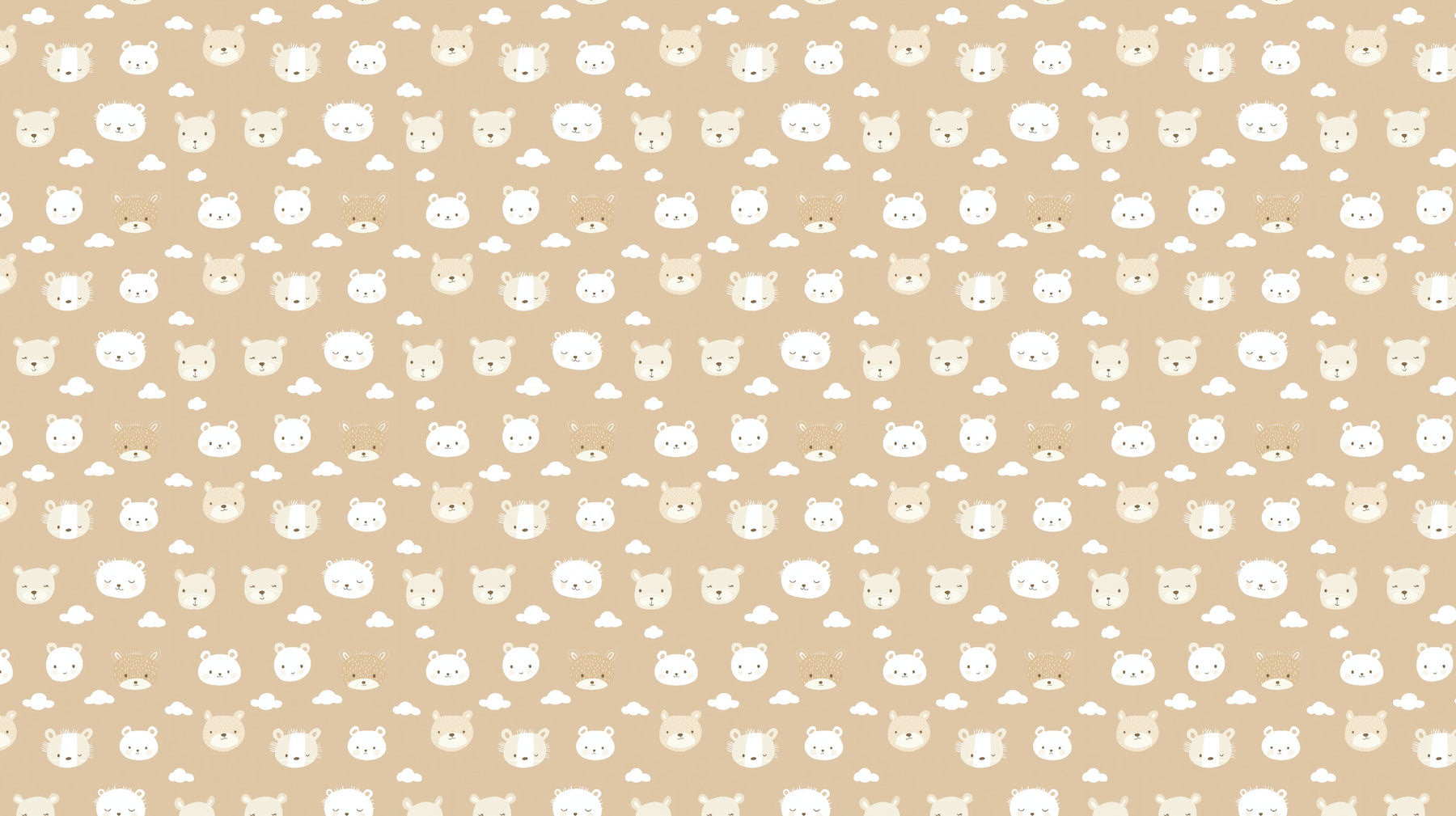 Detailed bear face mural wallpaper design pattern with floating clouds on beige background by Kids-Mundo